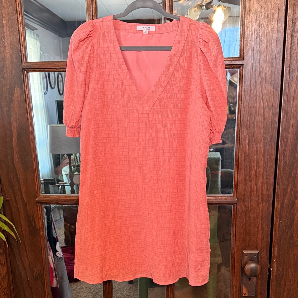 BB Dakota Steve Madden Coral Pink Textured Puff Sleeve V-Neck Mini Dress Medium